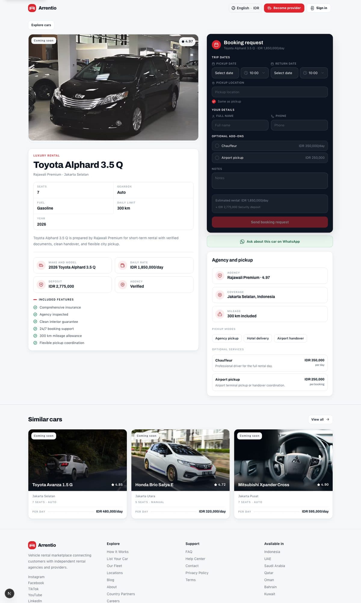 Arrentio car detail and booking page