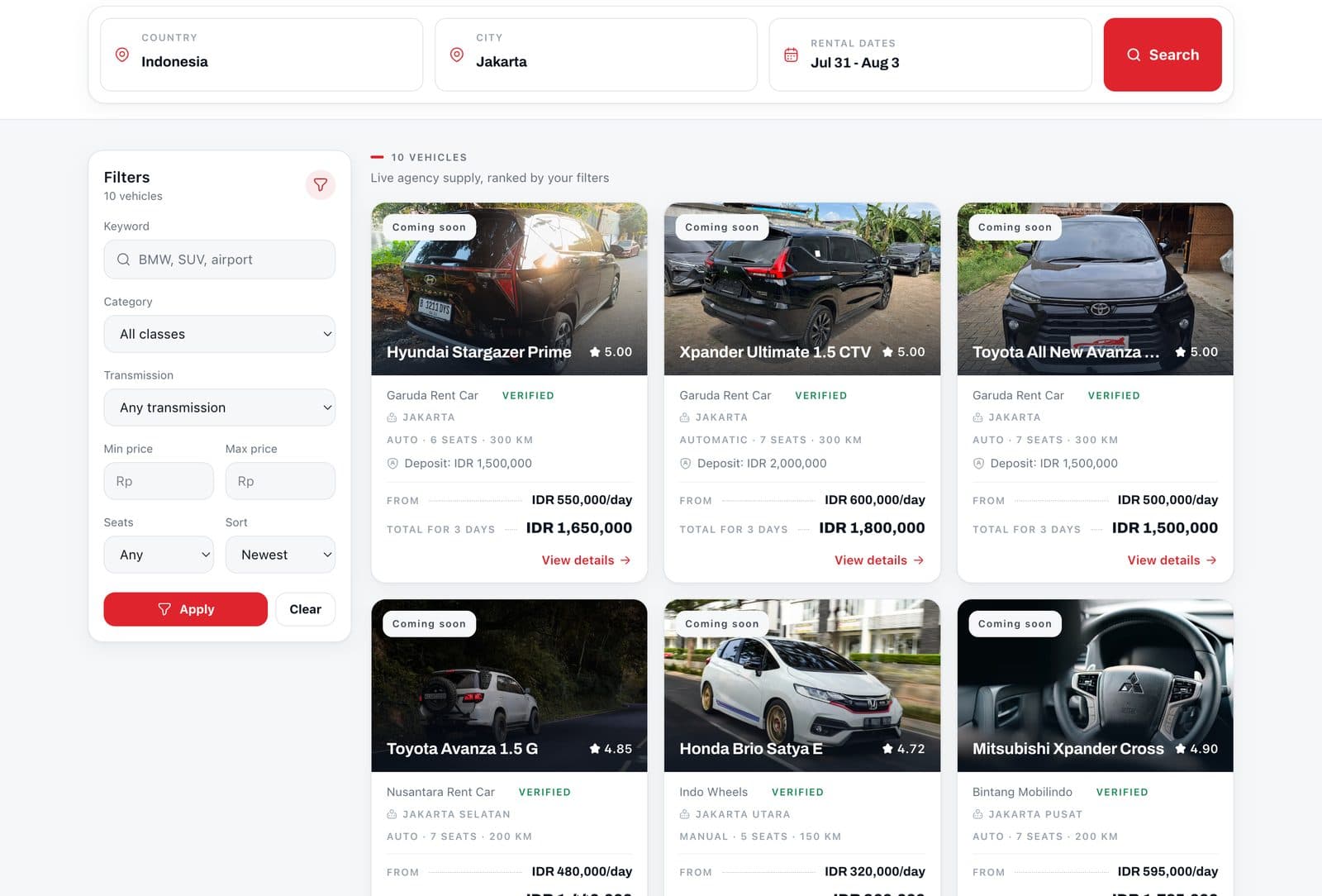 Arrentio explore page with filters and live inventory